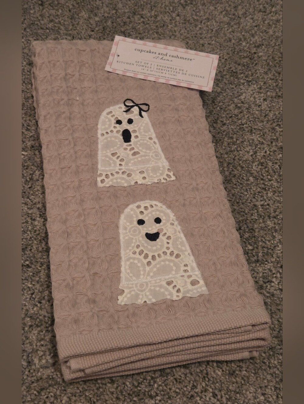 Cupcakes and Cashmere Beige Ghost Appliqué Kitchen Towel Set Halloween